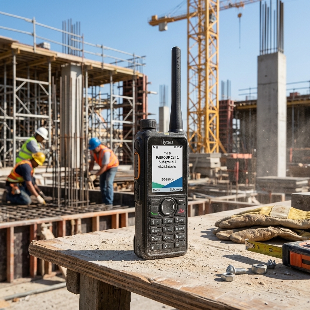 Rádio comunicador Hytera sobre a mesa de madeira em canteiro de obras de construção civil com trabalhadores ao fundo.